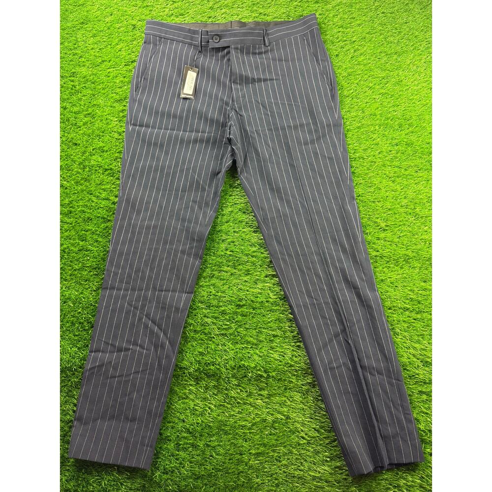 boohooMAN Mens Skinny Fit Pinstripe Suit Trousers Navy Stretch Formal Sz 34R NWT